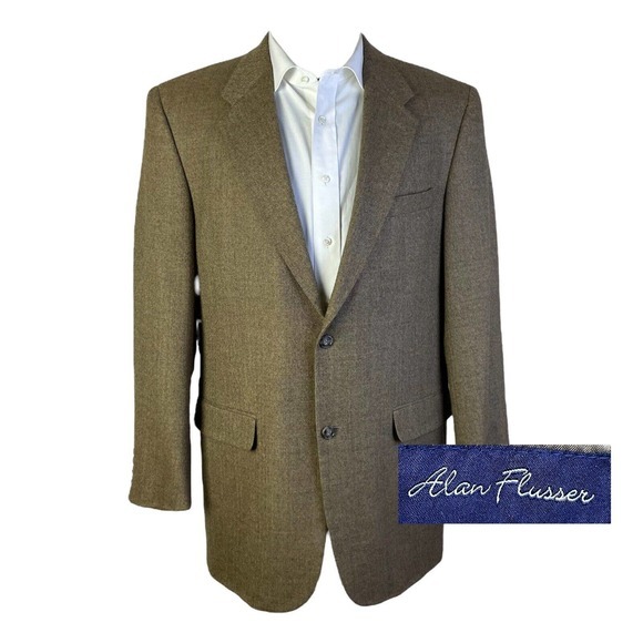 Alan Flusser Blazer Sport Coat‎ Mens 44L Light Brown Flannel Lambswool Cashmere
